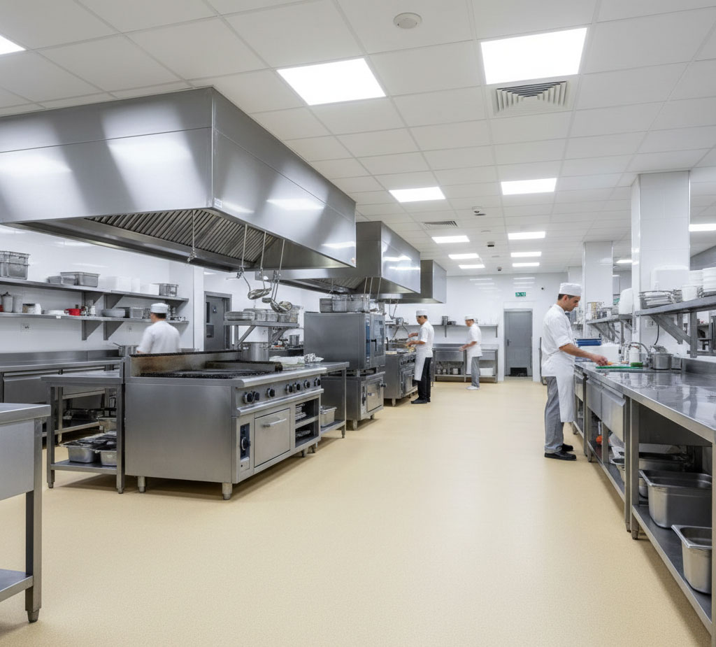 Suelo epoxi antideslizante para cocina industrial de restaurante