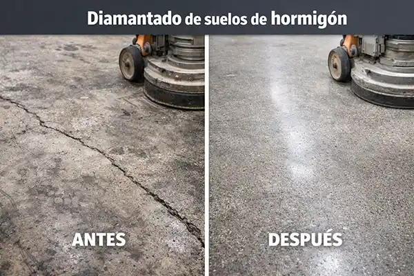 Antes y después del diamantado de suelos de hormigón industrial