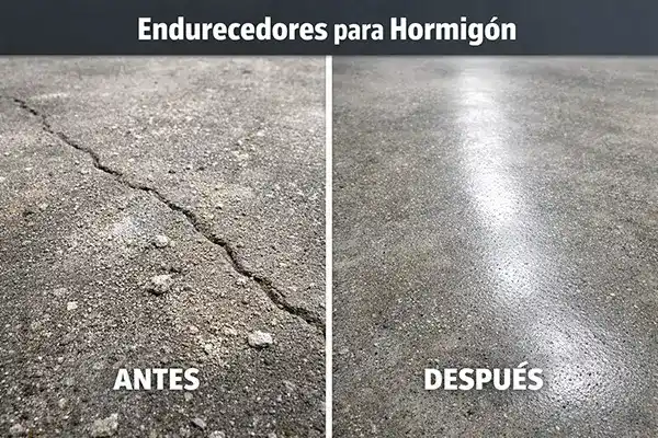 Antes y después de endurecedores para hormigón industrial mostrando la textura del suelo tratado