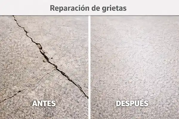 Antes y después de la reparación de grietas en suelo de hormigón industrial