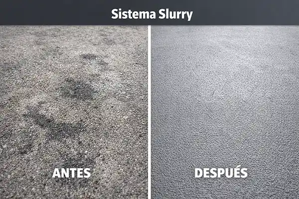Antes y después del sistema Slurry en pavimento industrial mostrando la renovación del suelo